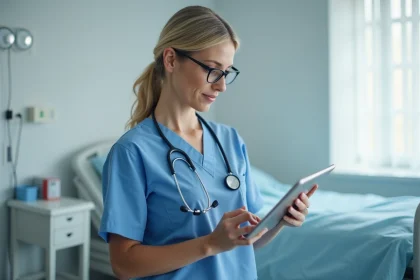Infirmi&egrave;re consultant le dossier m&eacute;dicamenteux d'un patient sur une tablette num&eacute;rique dans une chambre d'h&ocirc;pital moderne