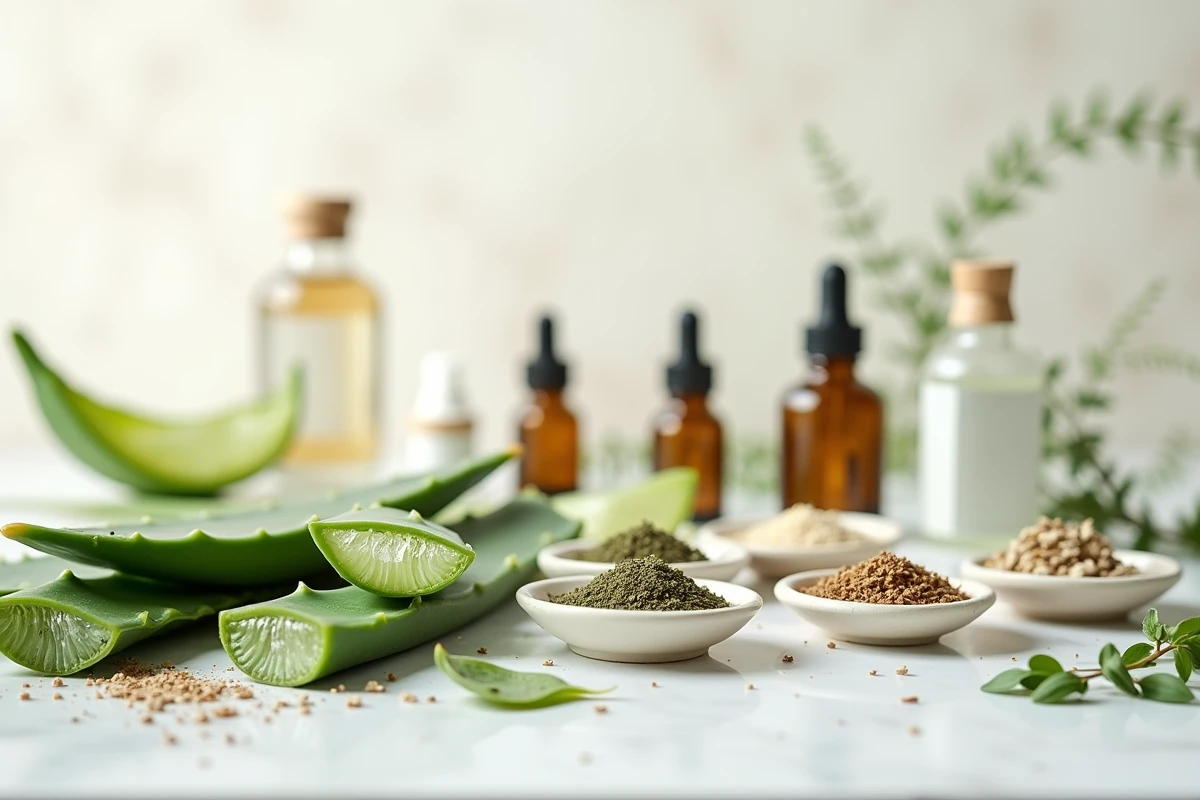 Ingrédients botaniques actifs disposés sur marbre blanc pour formulation cosmétique
