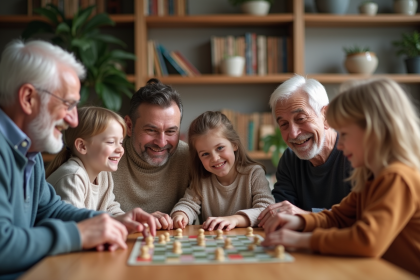 Groupe de seniors et enfants jouant &agrave; un jeu de soci&eacute;t&eacute; &agrave; la maison