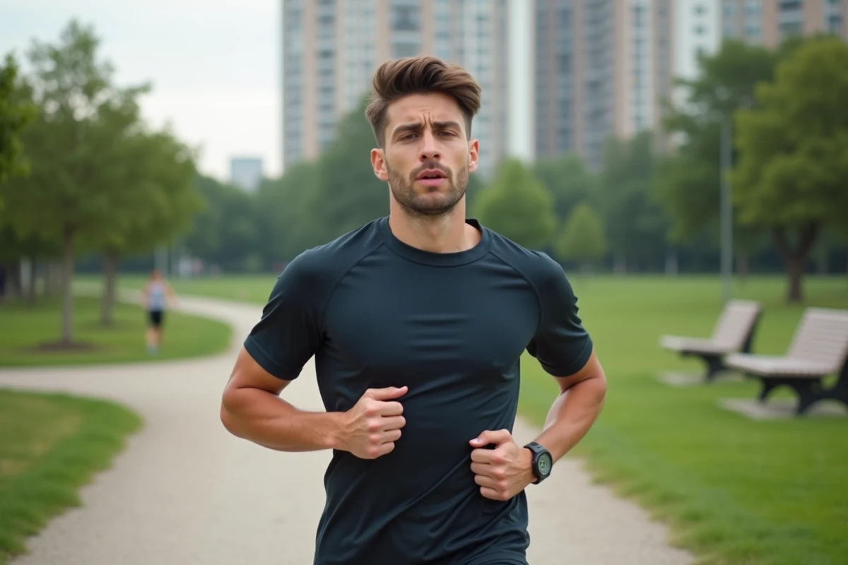 Jeune athlète en plein jogging dans un parc urbain
