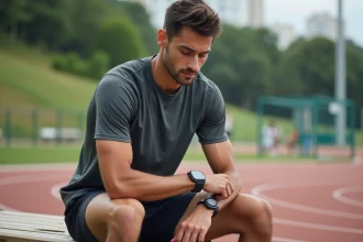 Jeune homme sportif regardant sa montre connect&eacute;e apr&egrave;s course