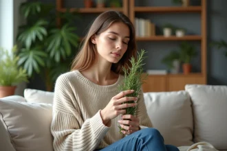 Jeune femme inhalant l'odeur de rosemary dans un salon cosy