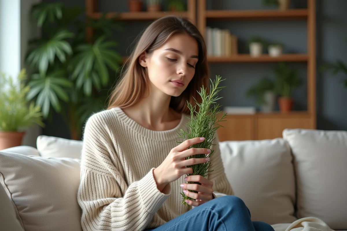 Jeune femme inhalant l'odeur de rosemary dans un salon cosy