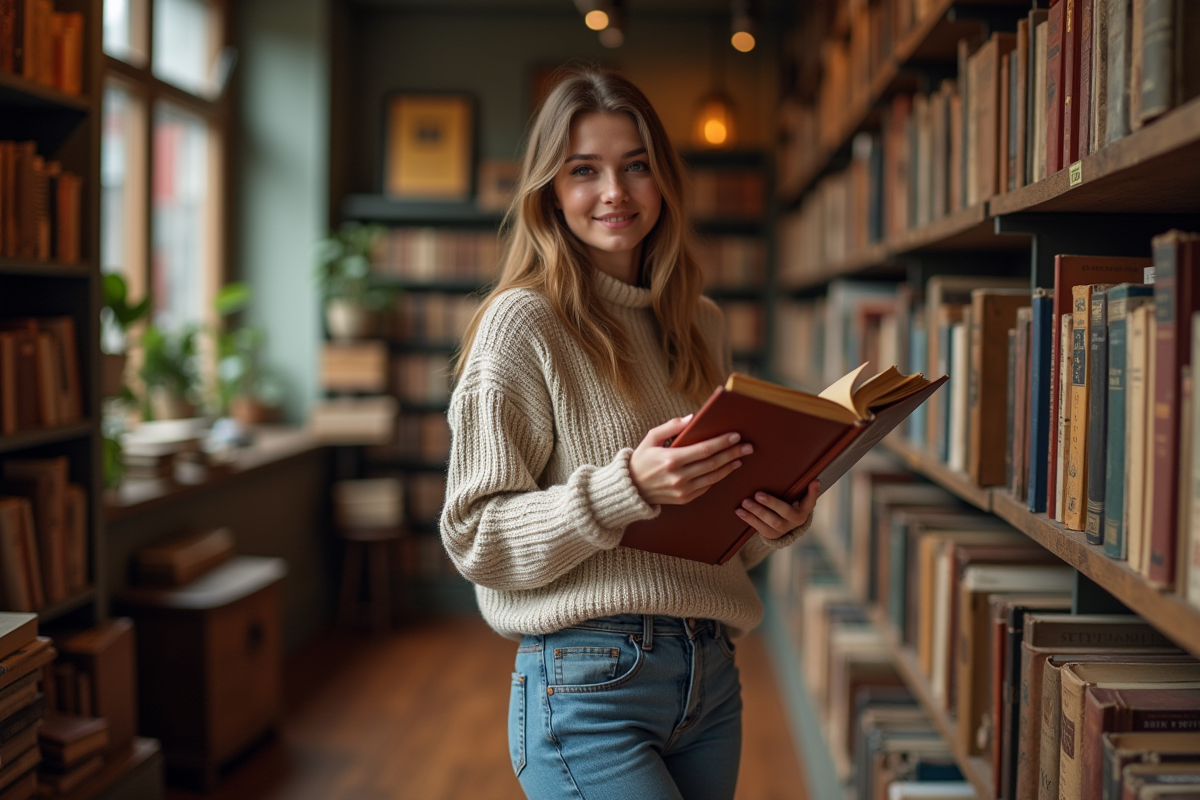 Jeune femme dans une librairie vintage ouvrant un livre ancien