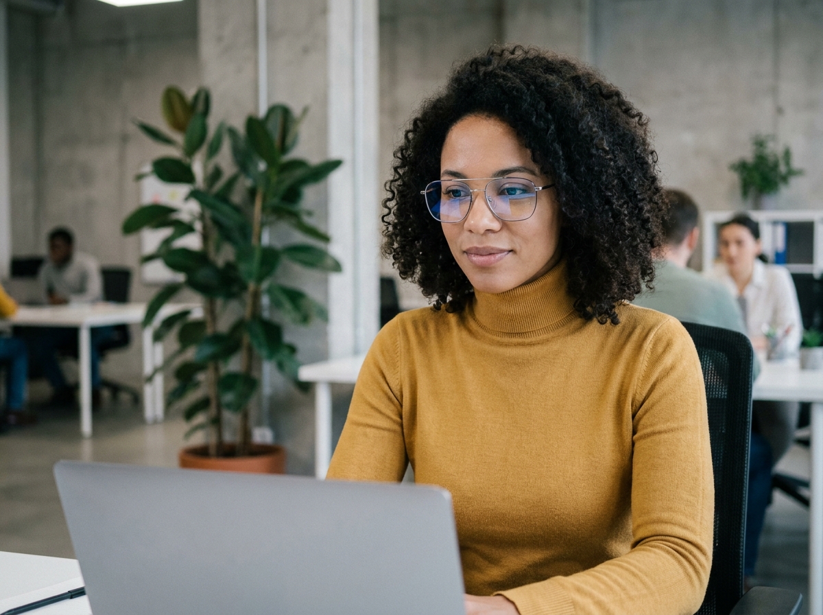 Jeune femme professionnelle portant de nouvelles lunettes fines devant son ordinateur portable dans un bureau moderne, avec une expression concentrée et sereine