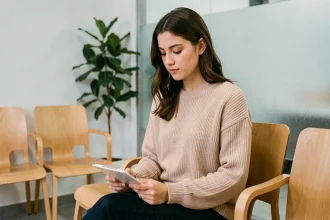 Jeune femme assise dans une salle d'attente gynécologique tenant un dossier médical, expression sereine et réfléchie