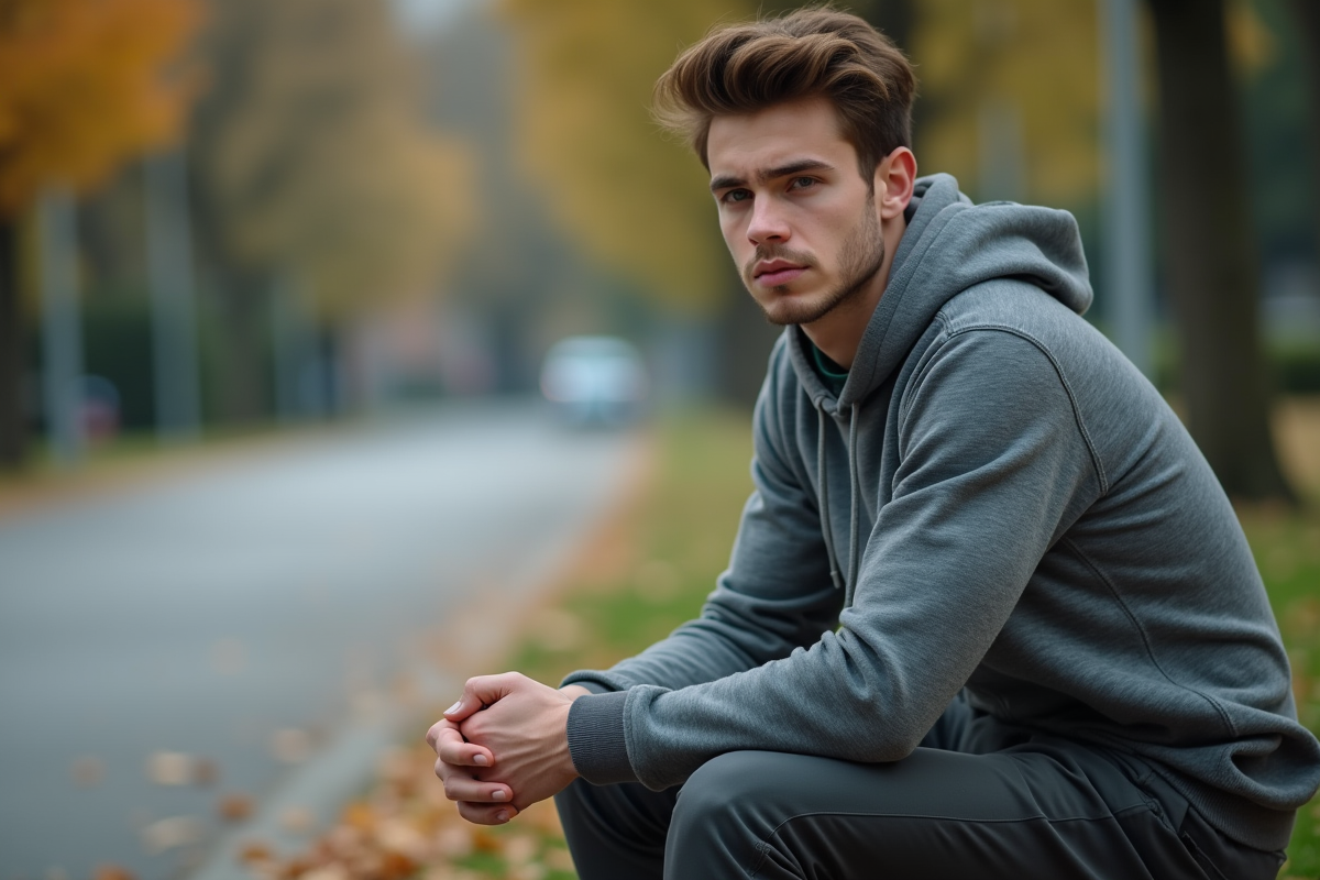 Jeune homme sur un banc de parc en automne