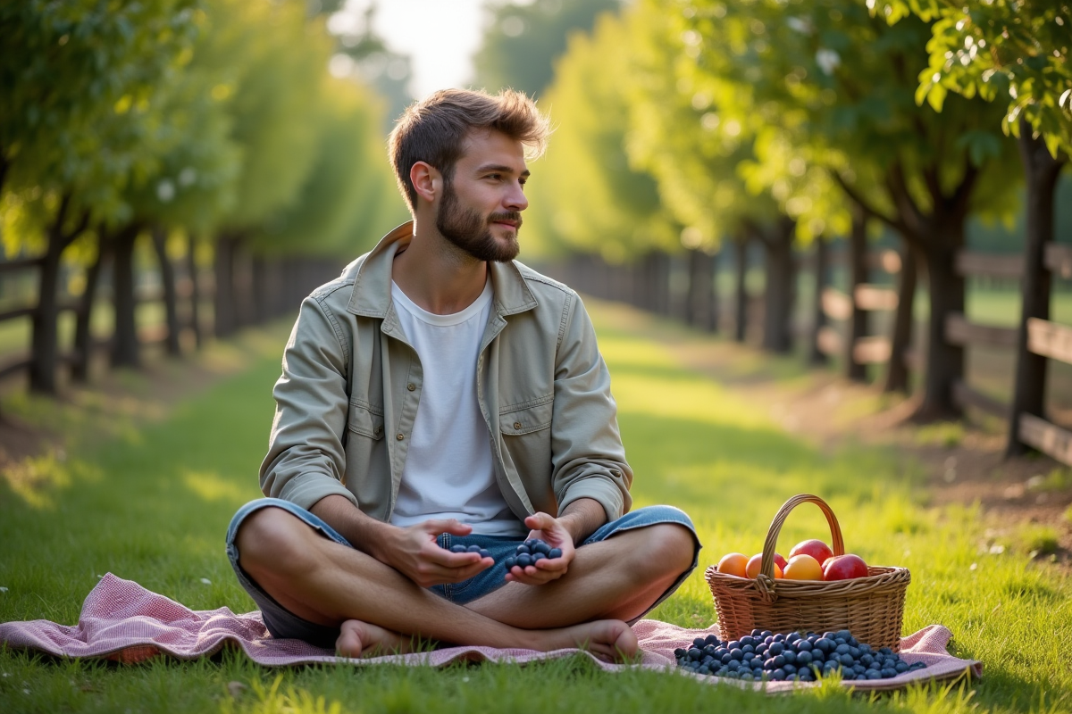 Jeune homme dans un verger tenant des myrtilles fraîches