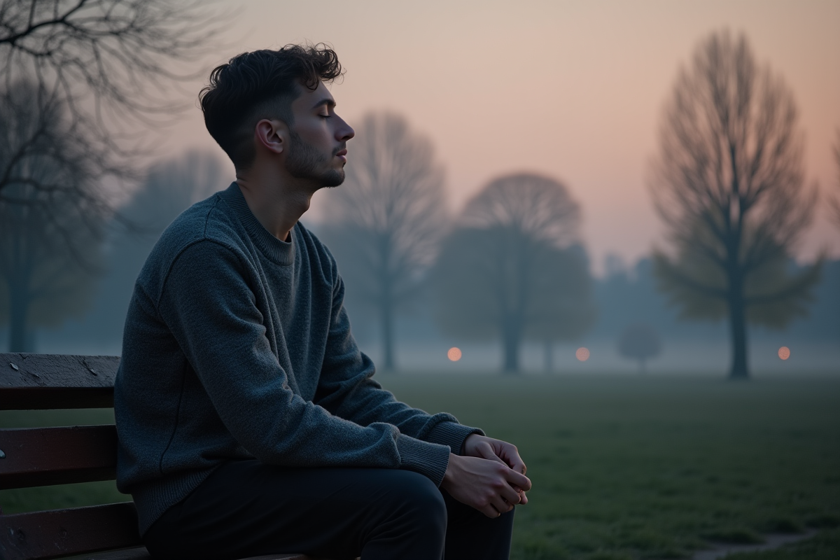 Jeune homme assis sur un banc au lever du jour dans un parc