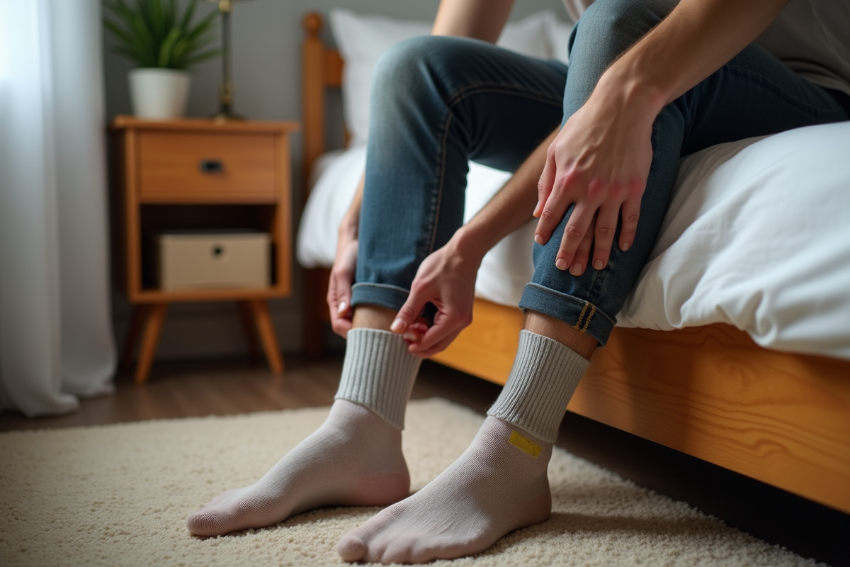 Jeune homme retirant ses chaussettes pour voir les marques sur ses chevilles