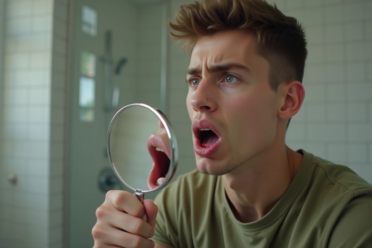 Jeune homme examinant sa bouche dans un miroir moderne