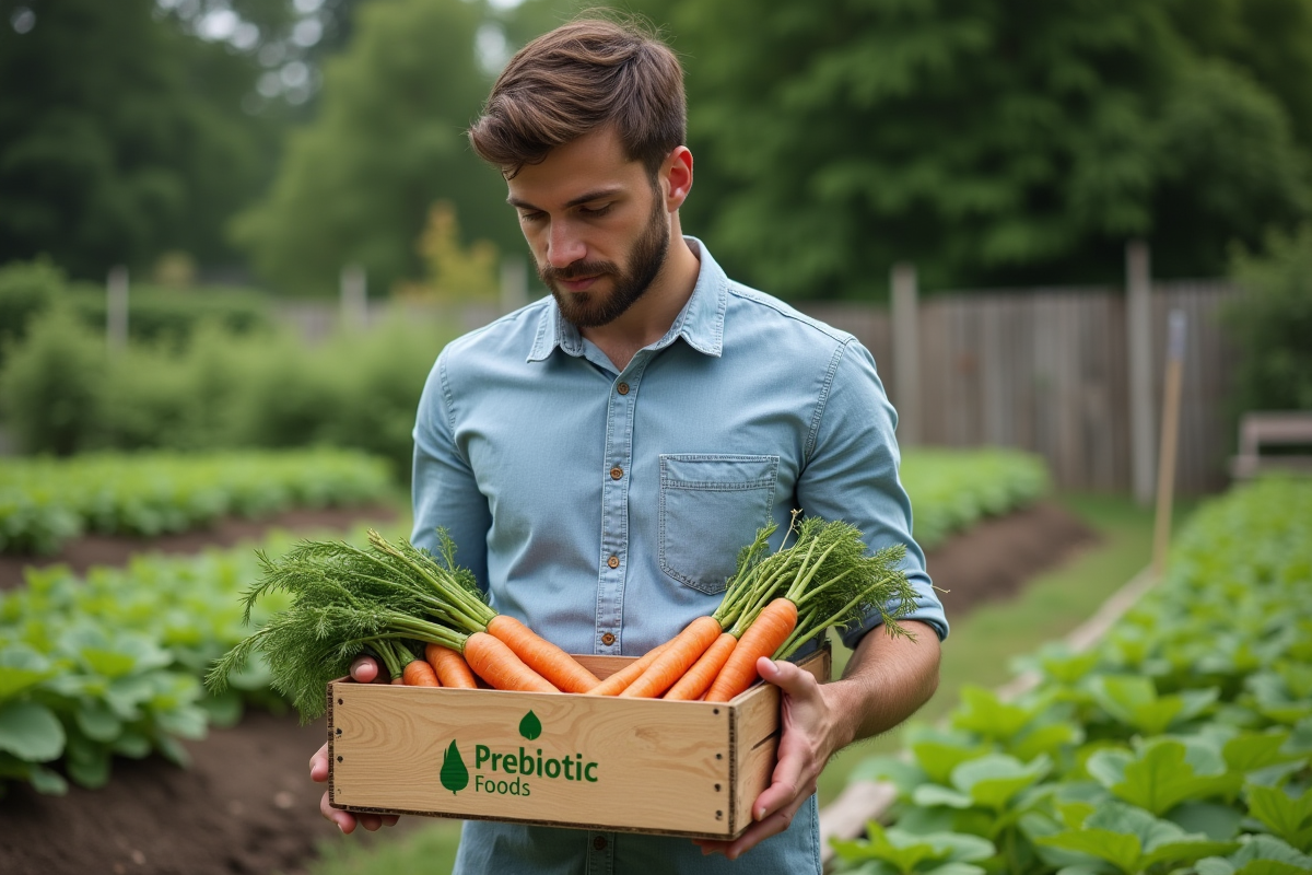 Jeune homme inspectant des asperges dans un jardin