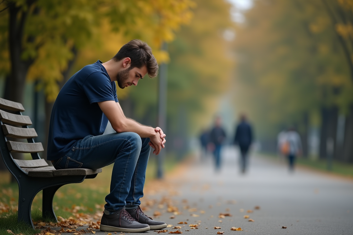 Jeune homme pensif assis sur un banc dans un parc