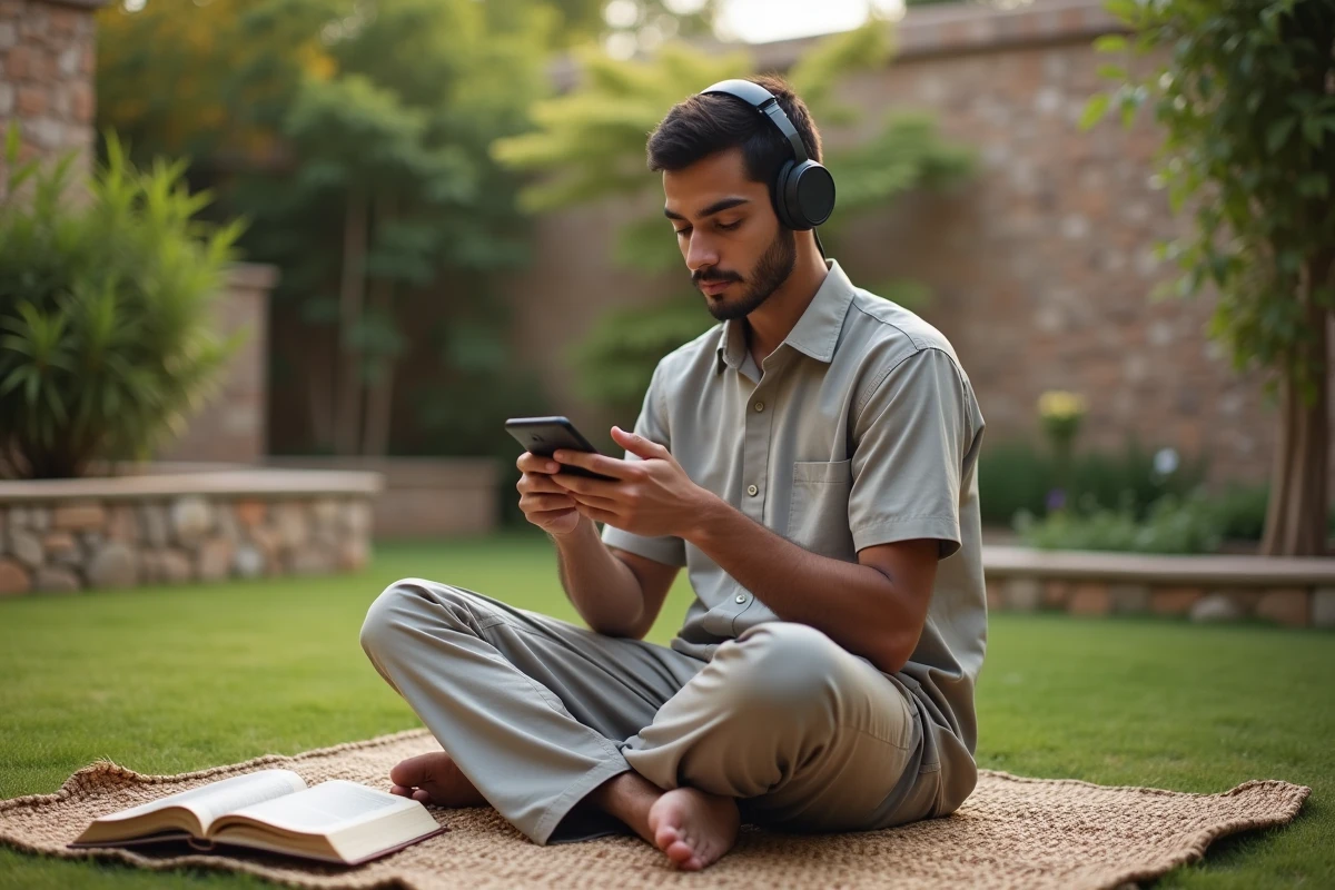 Jeune homme nord-africain &eacute;couteur dans un jardin paisible
