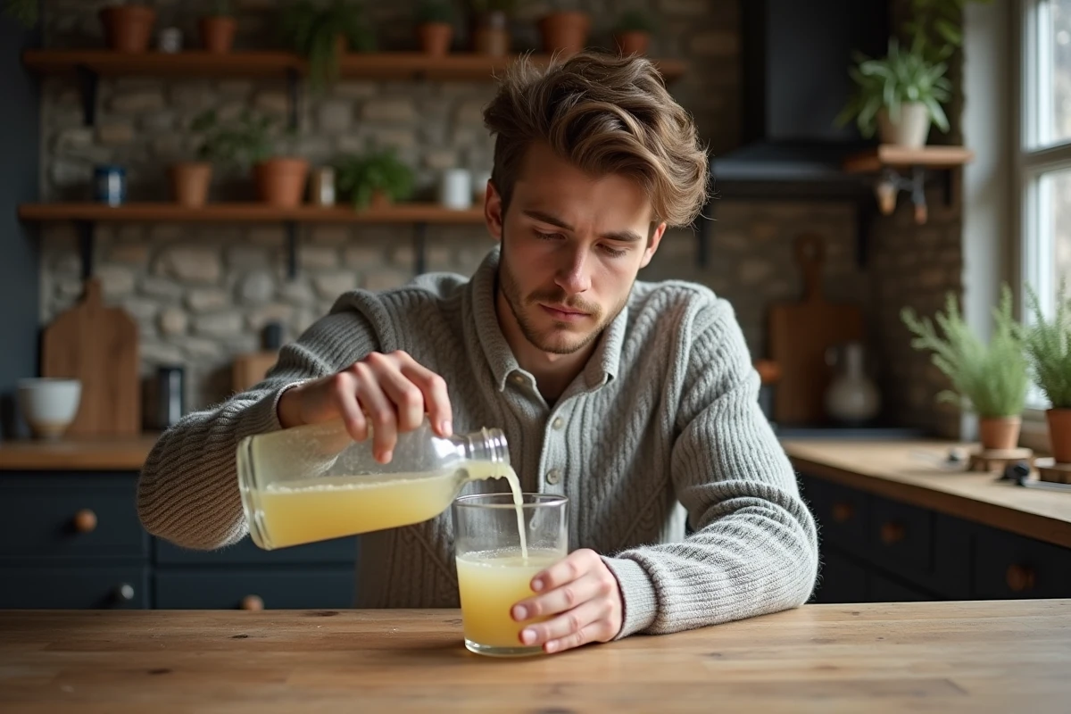 Jeune homme versant la sève de bouleau dans un verre à la maison