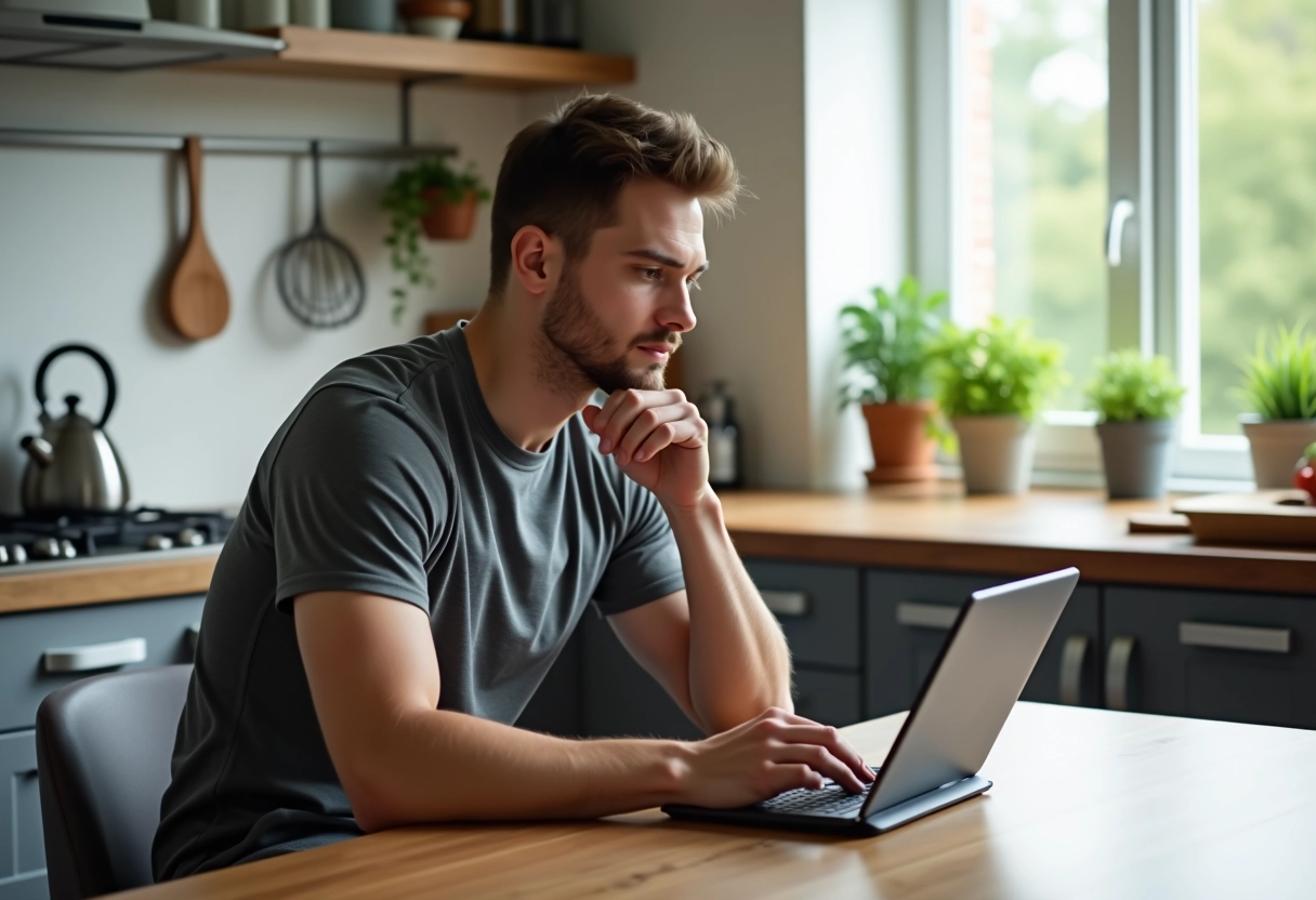 Jeune homme pensif avec un carnet de poids dans la cuisine
