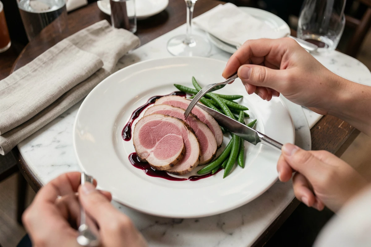 Gros plan sur un magret de canard tranché rosé dans un restaurant français, mains de femme enceinte en arrière-plan