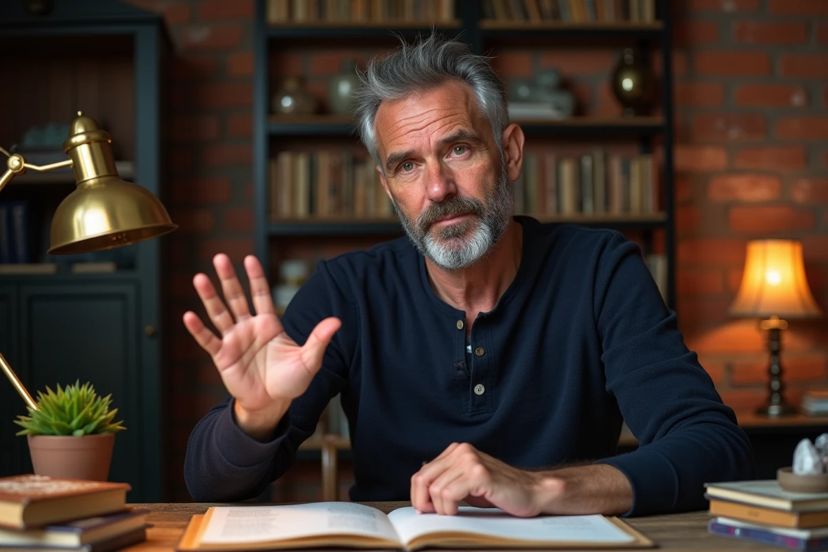 Homme examinant sa main gauche pour en comprendre la signification énergétique et spirituelle dans un bureau vintage