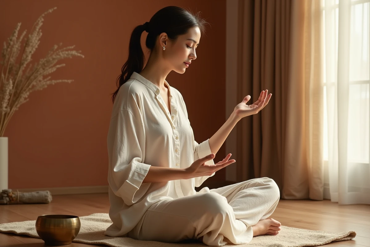 Femme contemplant sa main gauche qui gratte dans une salle de méditation, interprétation spirituelle et énergétique