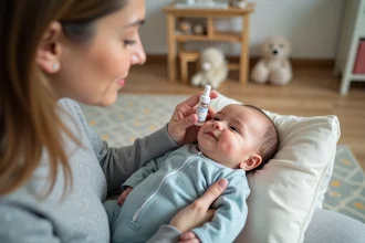 Maman administre des gouttes nasales à son bébé dans une nurserie