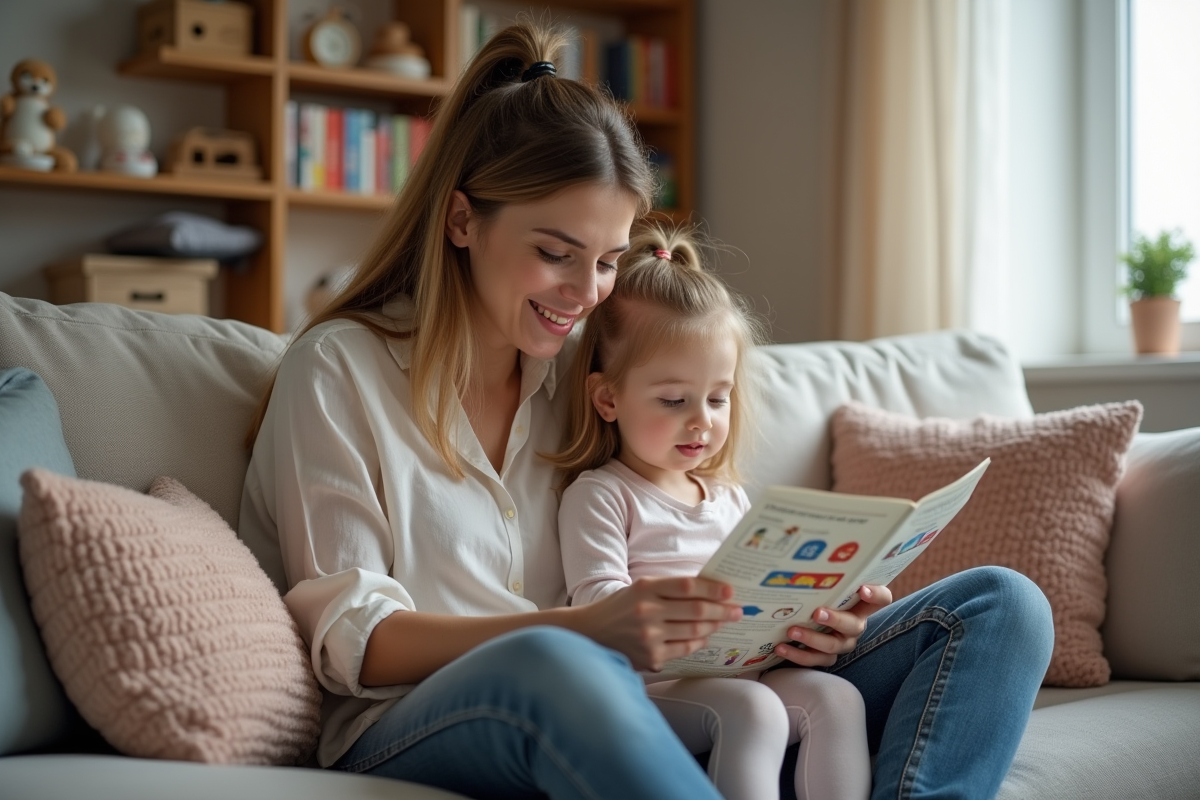 Maman lisant un dépliant sur le vaccin avec sa fille