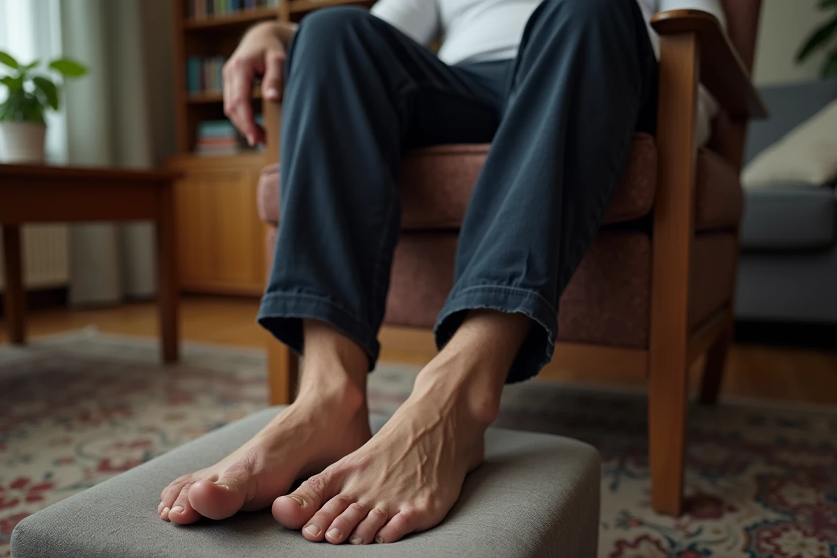 Homme âgé avec marbrures visibles sur les jambes en position assise à domicile