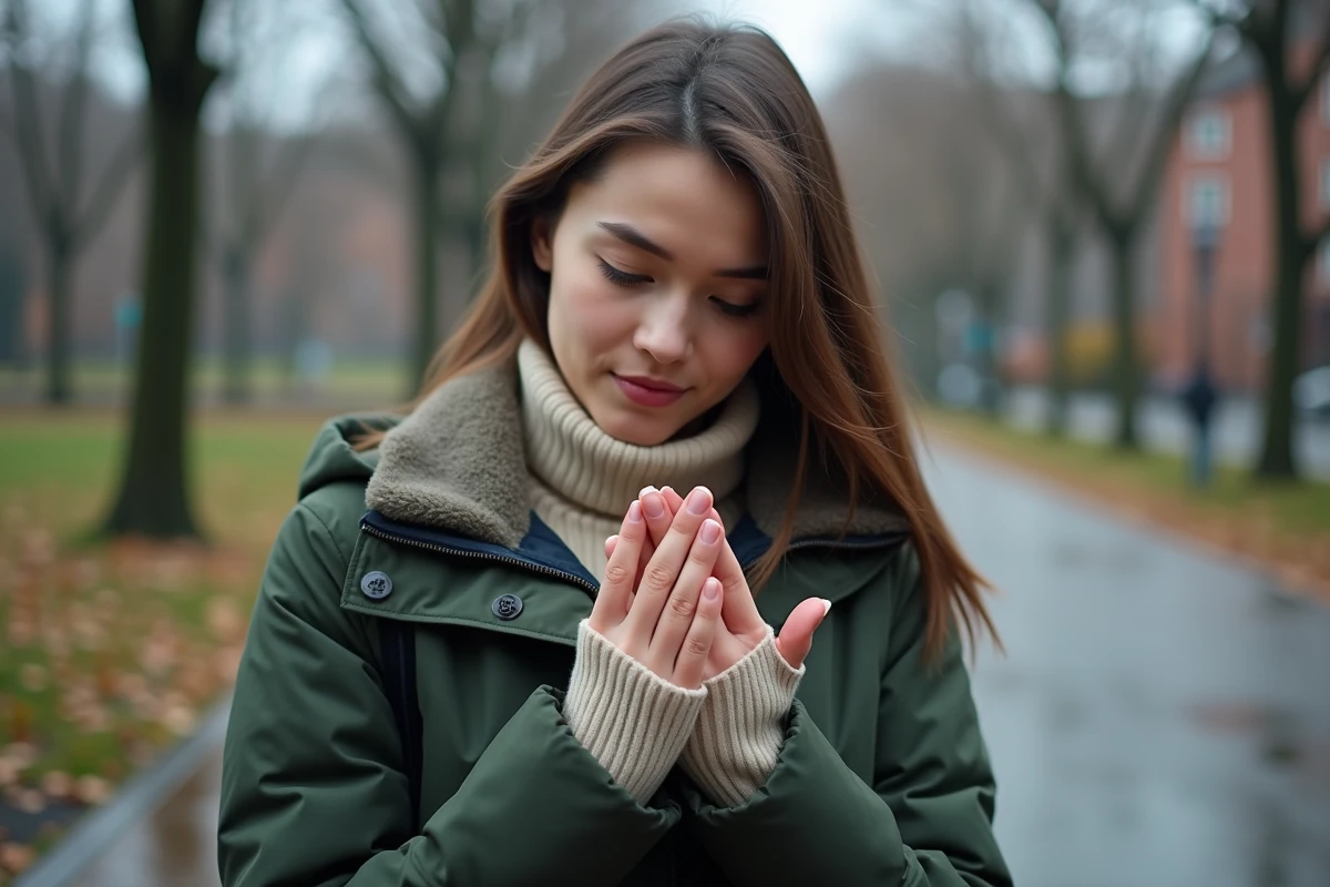 Jeune femme observant des marbrures cutanées sur ses mains par temps froid en extérieur