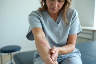 Femme d'âge mûr examinant des marbrures sur son avant-bras lors d'une consultation médicale
