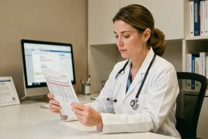Médecin femme examinant des résultats de prise de sang avec un taux VGM anormal dans un cabinet médical