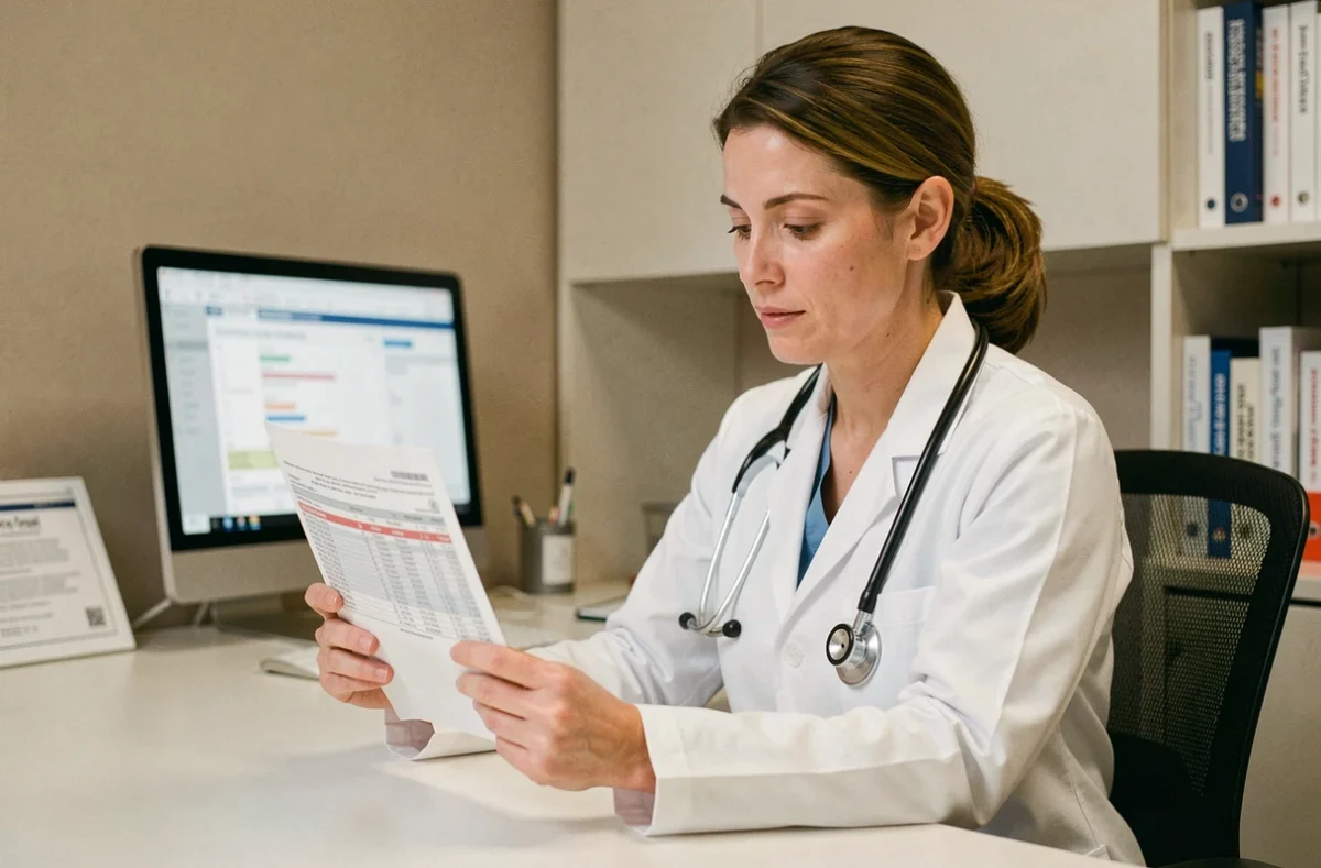Médecin femme examinant des résultats de prise de sang avec un taux VGM anormal dans un cabinet médical