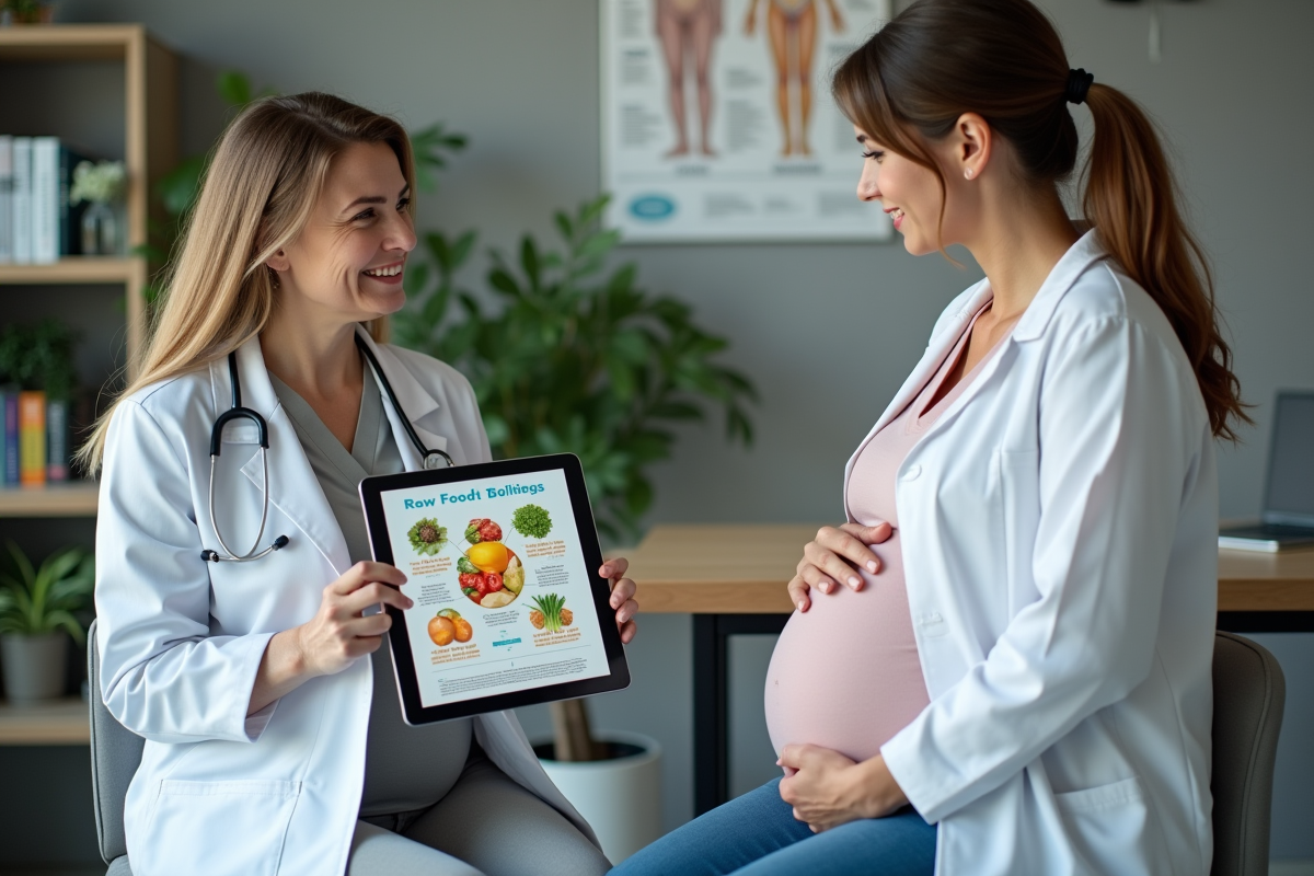 Docteur expliquant un infographique à une femme enceinte