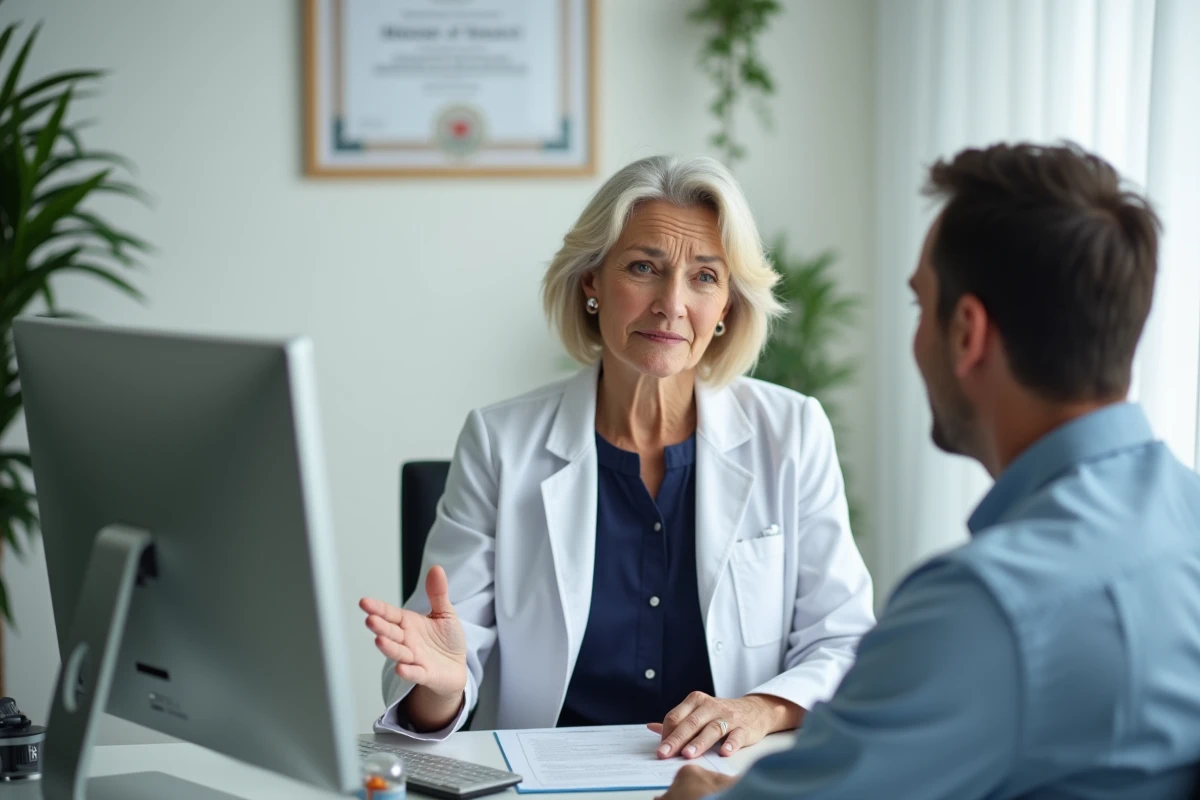 Médecin généraliste expliquant à une patiente la compatibilité entre antibiotiques et ULTRA levure lors d'une consultation