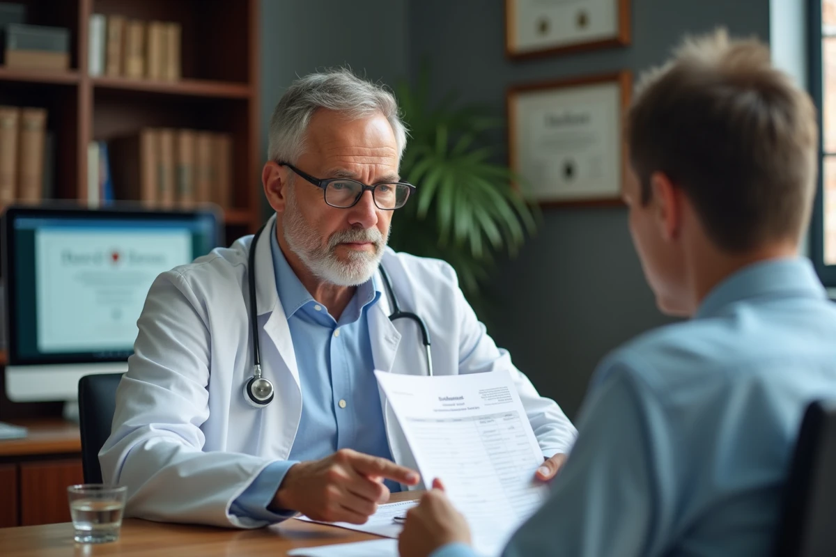 Médecin généraliste expliquant un résultat TCMH élevé à un patient lors d'une consultation de routine dans son cabinet