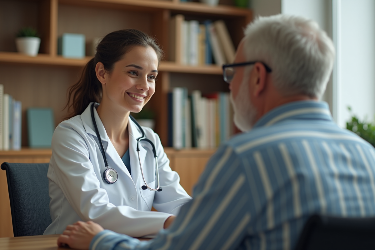 Medecin femme en blouse blanche écoute patient dans un cabinet