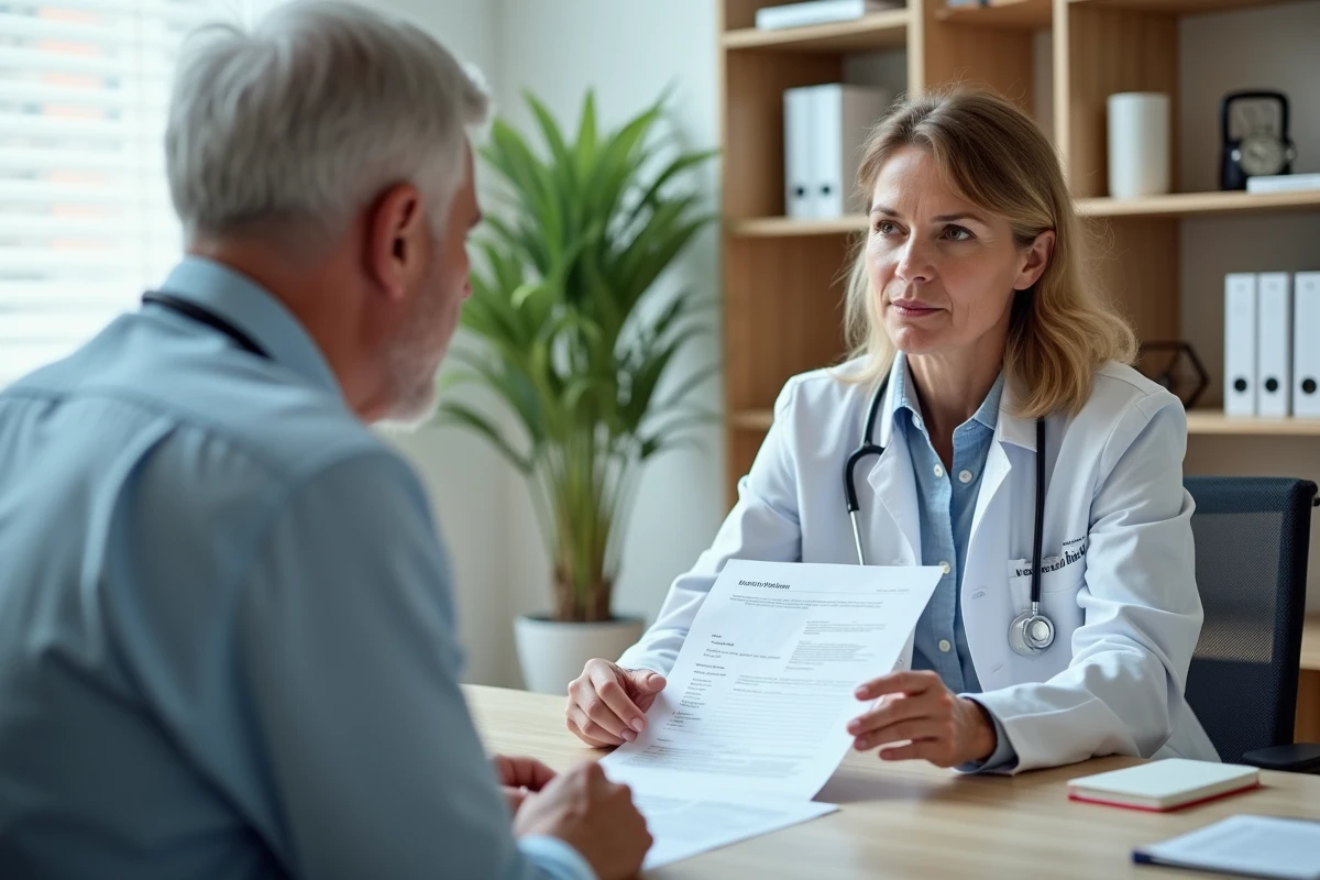 Medecin femme expliquant résultats médicaux à un patient âgé