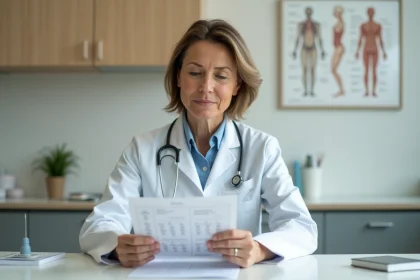M&eacute;decin femme en blouse blanche examine un test m&eacute;dical