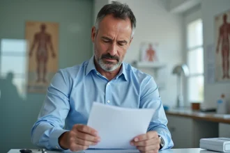 Homme d'&acirc;ge moyen lisant un rapport m&eacute;dical dans un cabinet
