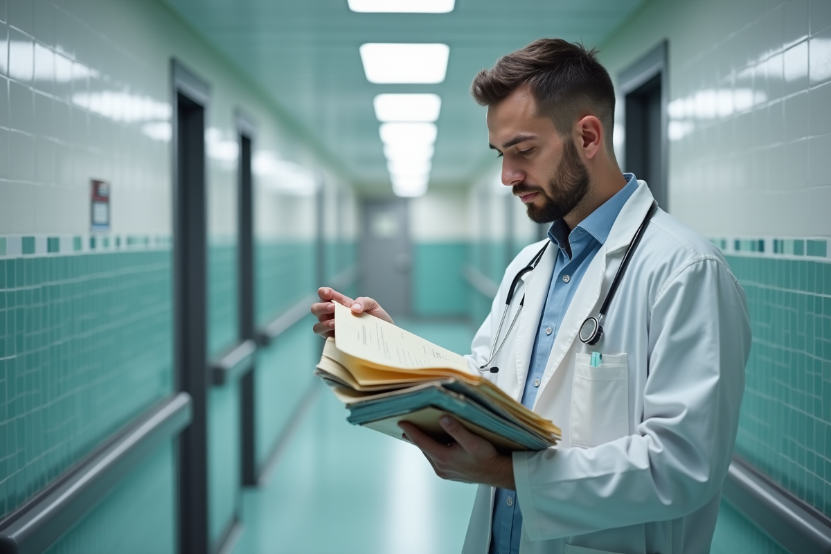 Jeune médecin examinant des dossiers dans un hôpital moderne