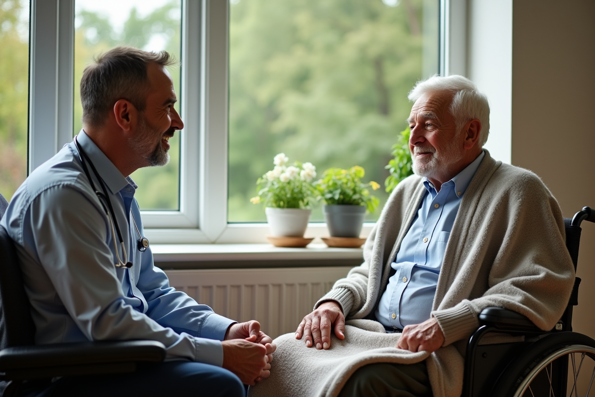Médecin palliative parle avec un patient en fauteuil