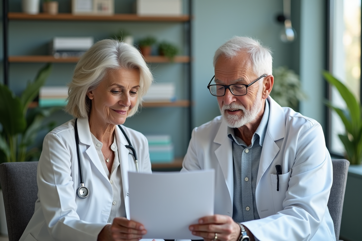 Medecin senior examinant un patient dans un cabinet moderne