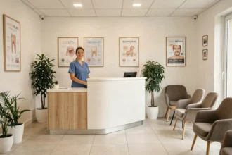 Salle d'attente d'une clinique dentaire moderne à Montpellier avec une réceptionniste souriante