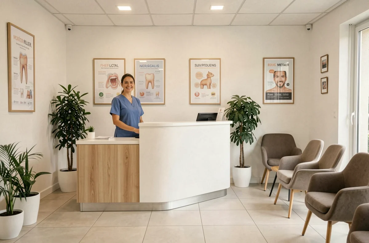 Salle d'attente d'une clinique dentaire moderne à Montpellier avec une réceptionniste souriante