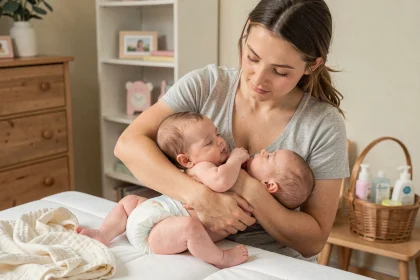 Jeune mère observant attentivement la couche de son bébé lors d'un change dans une chambre de bébé apaisante