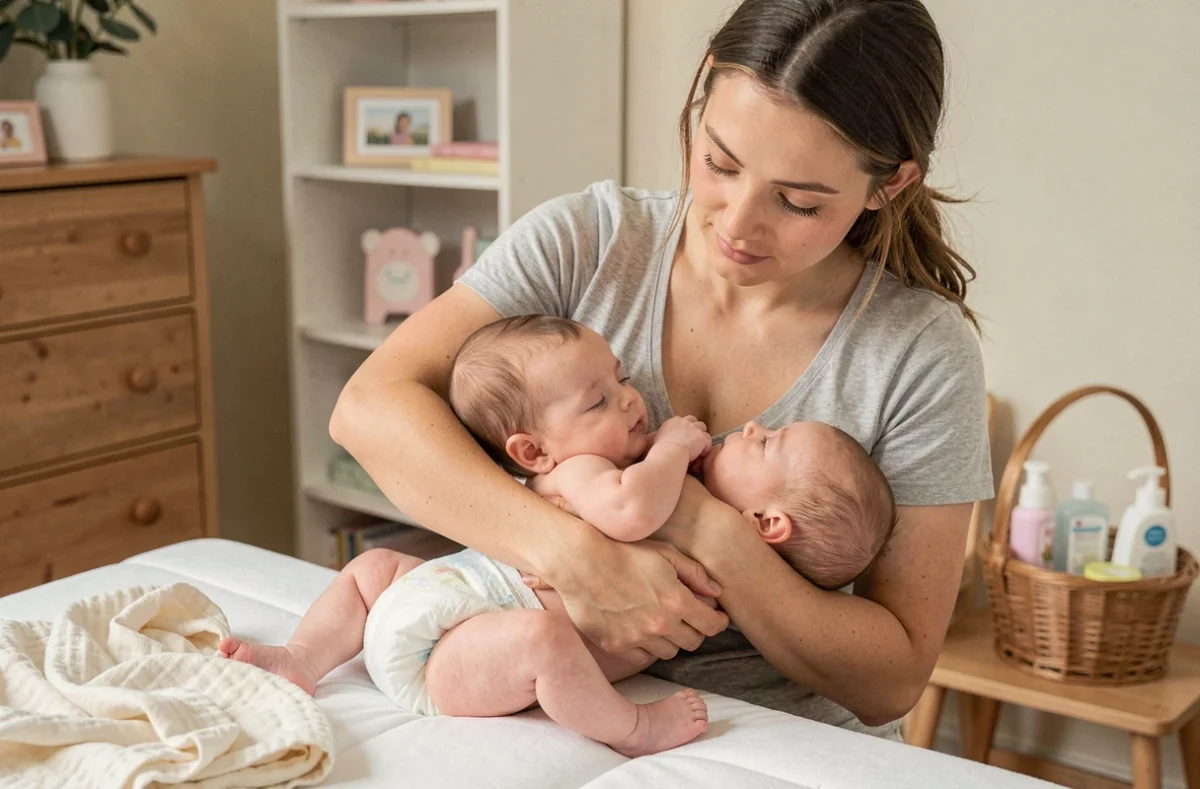 Jeune mère observant attentivement la couche de son bébé lors d'un change dans une chambre de bébé apaisante