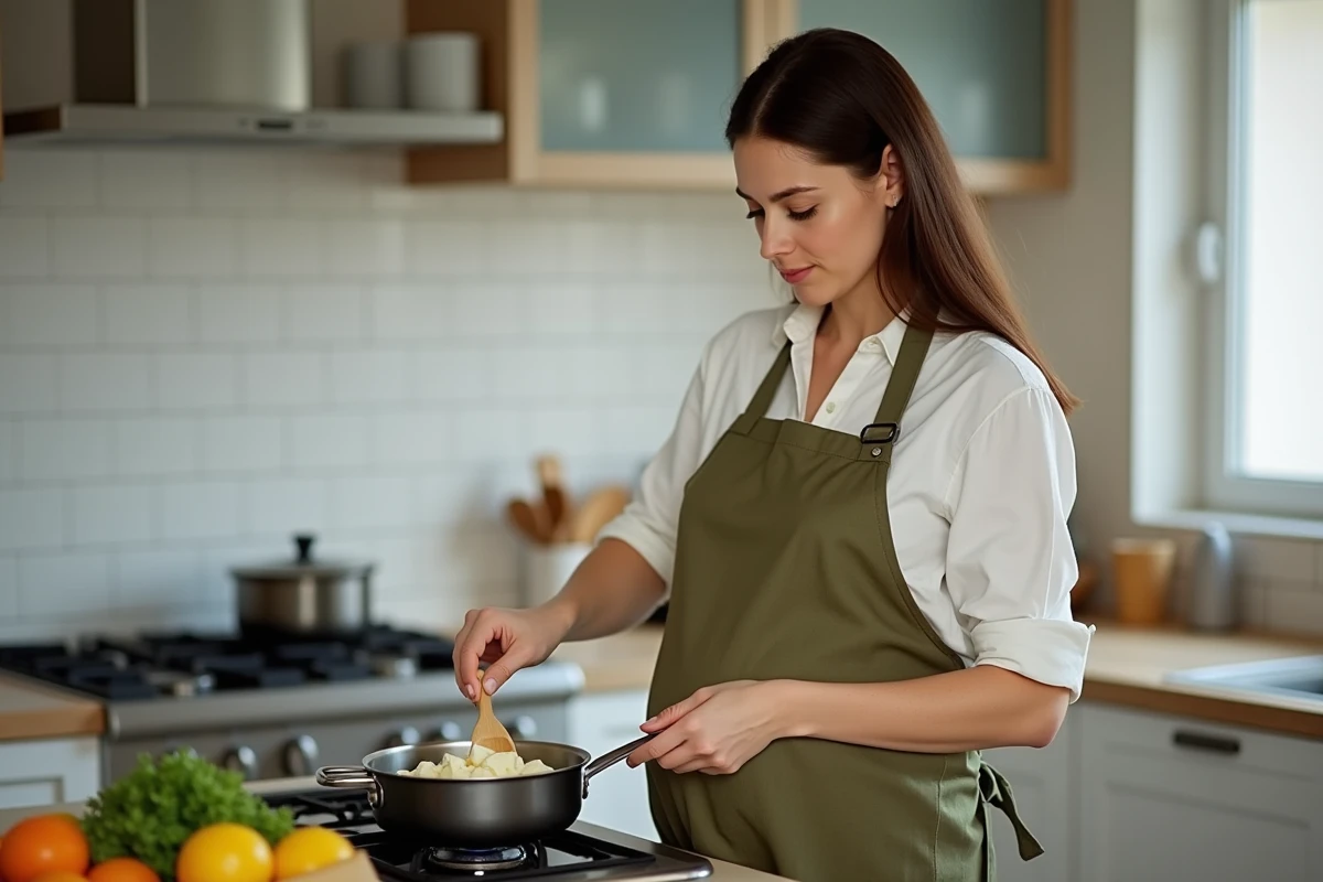 Femme enceinte faisant chauffer de la mozzarella di bufala dans une casserole sur une cuisinière moderne à domicile