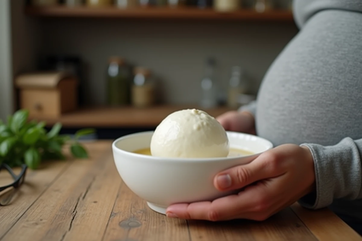Mozzarella di bufala fraîche dans un bol en céramique blanche tenue par une femme enceinte, sur un plan de travail en bois rustique
