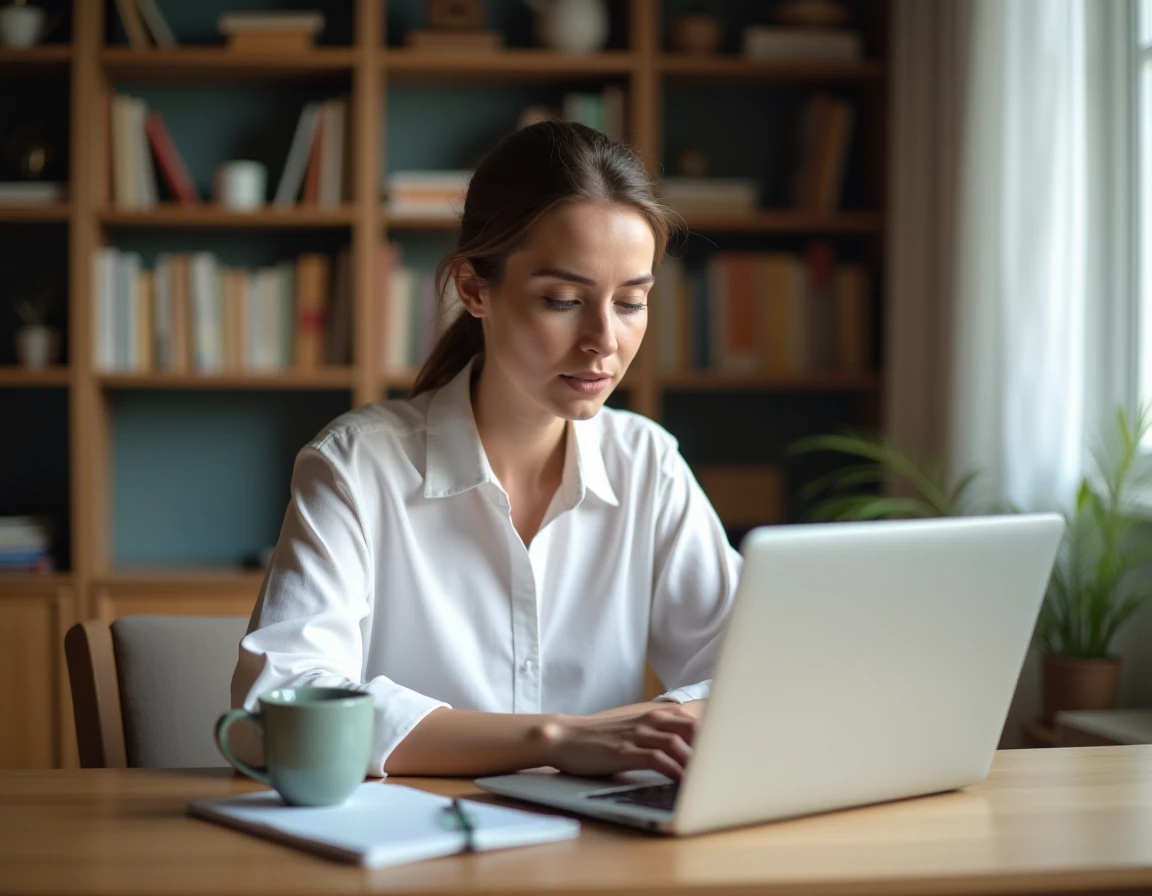 Femme cherchant des informations sur les symptômes des mycoplasmes sur son ordinateur portable à domicile, représentant la sensibilisation aux infections génitales féminines