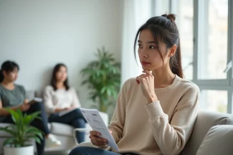 Jeune femme assise dans une salle d'attente gynécologique tenant une brochure de santé, illustrant les préoccupations liées aux mycoplasmes chez la femme