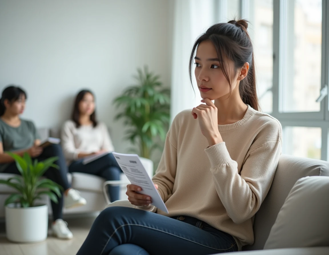 Jeune femme assise dans une salle d'attente gynécologique tenant une brochure de santé, illustrant les préoccupations liées aux mycoplasmes chez la femme