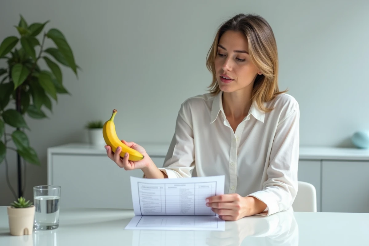 Nutritionniste tenant une banane et expliquant l'indice glycémique avec un tableau diététique
